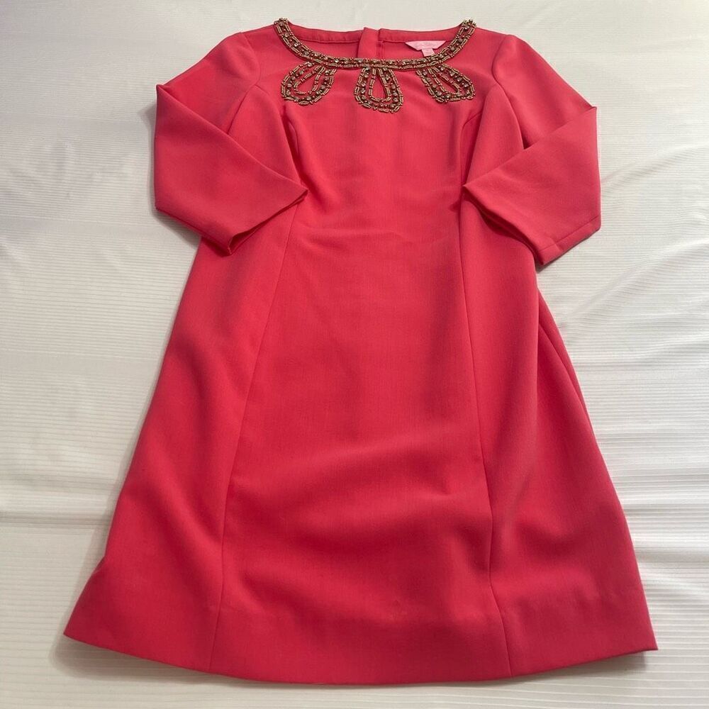 Lilly Pulitzer Bronte Shift Watermelon Pink Beaded Neckline Dress Size 2